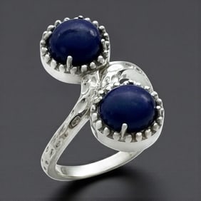 Two Stone Lapis Lazuli Sterling Silver Textured Bypass Ring SZ 7