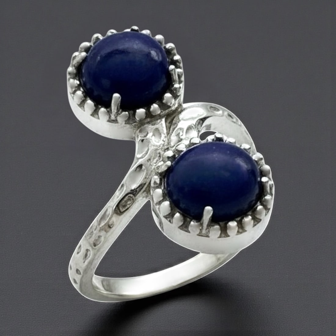 Two Stone Lapis Lazuli Sterling Silver Textured Bypass Ring SZ 7 (1 of 1)