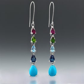 Multi Colored Gemstone & Turquoise SS Dangle Earrings