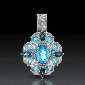 3.14 Cttw Shades of Blue Floral Motif Blue Topaz Silver Pendant