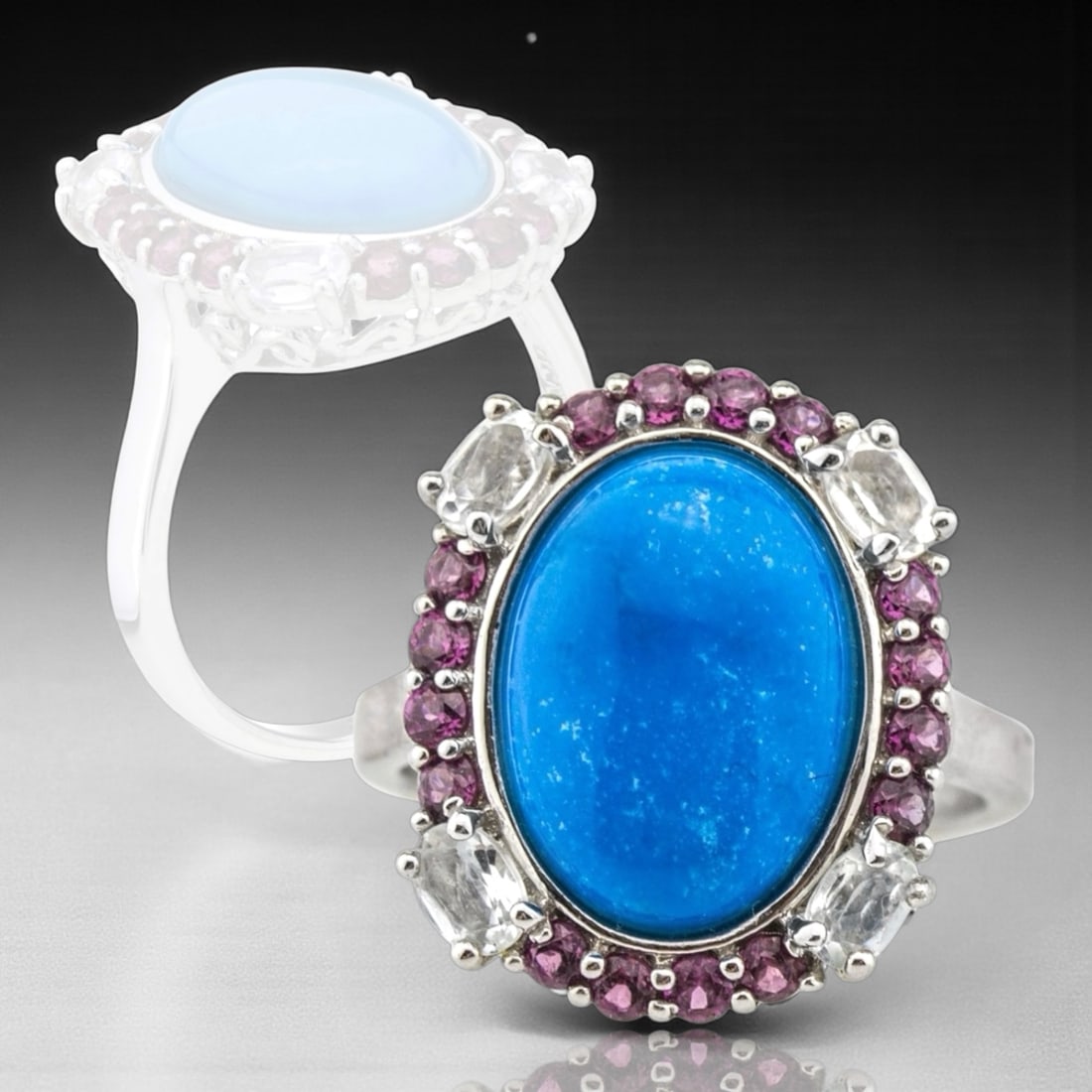 Ceruleite Steling Silver Ring with Garnet & White Topaz - Size 8.25 (1 of 1)