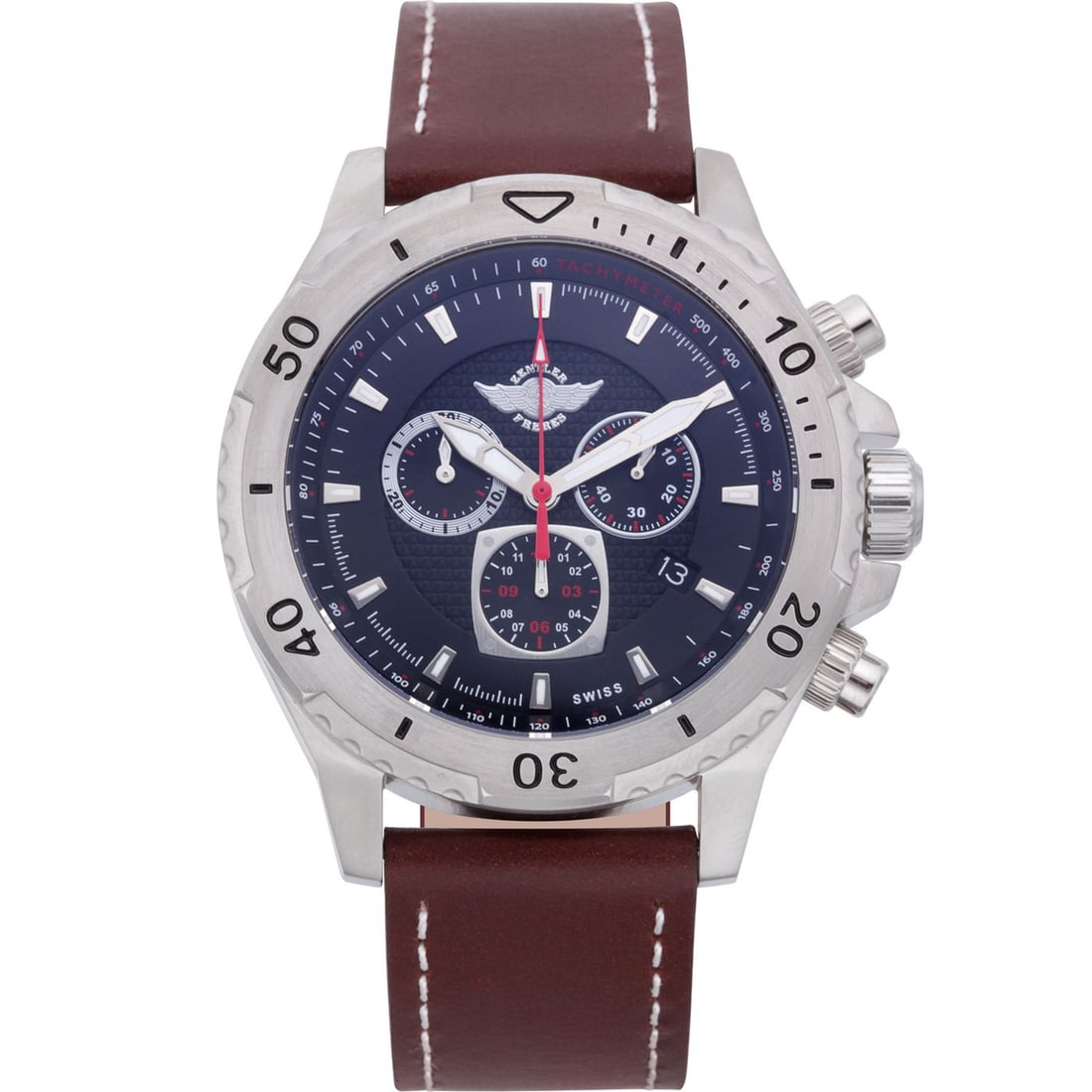 Zentler Freres Rodan Swiss Chronograph Watch: Swiss Chronograph 45mm: Swiss Ronda 5030.D Movement, anti-reflective sapphire crystal, luminescent hands. Surgical grade 316L stainless steel case, adjustable strap with stainless steel buckle, sophis