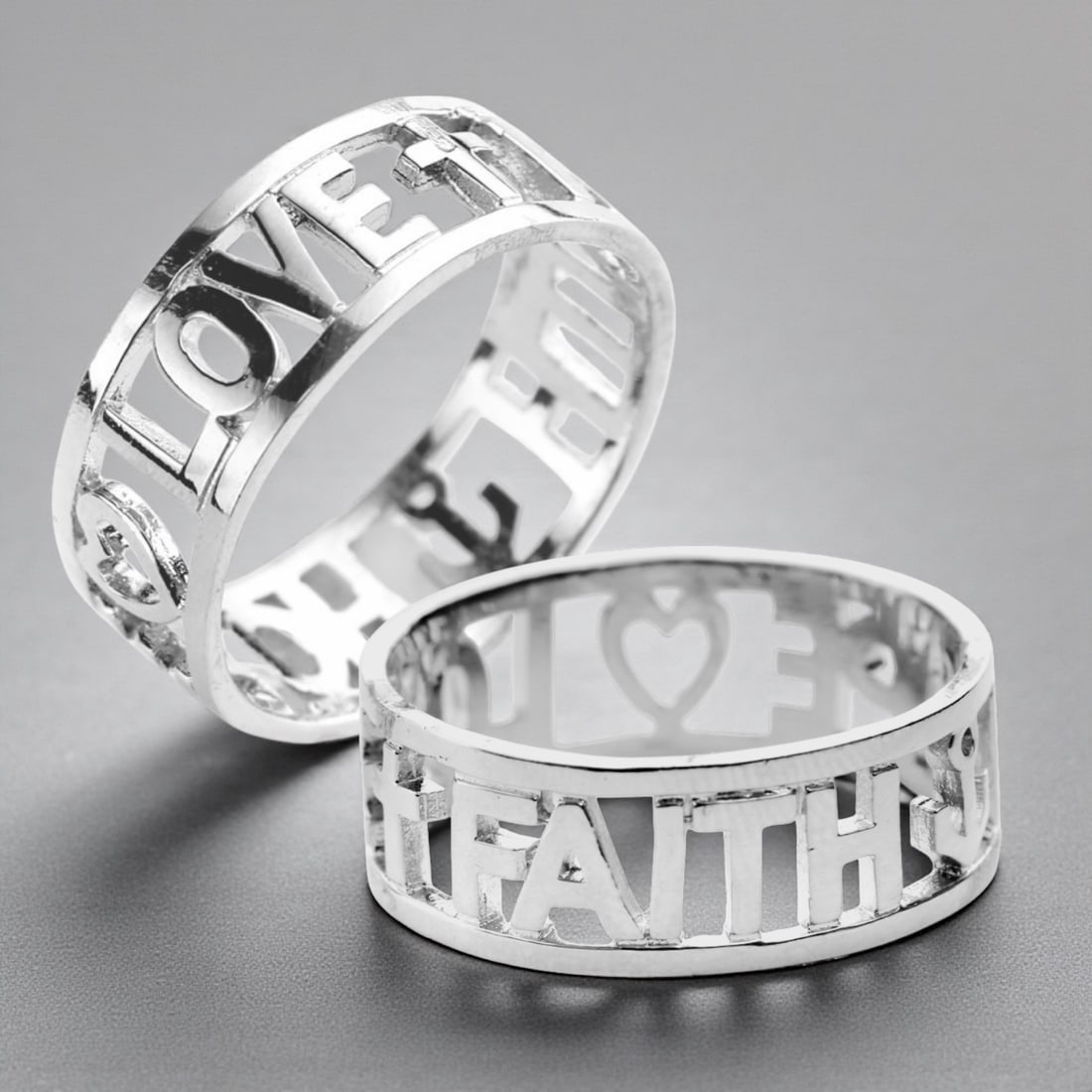 'Love, Faith, Hope' Sterling Silver Band – Size 7 and 10: Product Details Item: Ring Metal: Sterling Silver Gemstone: None Approximate Measurements: Width: 8.3-8.6 mm Ring Size: 7 & 10 Chain Length: Not Applicable Chain Metal: Not Applicable