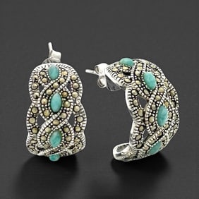 Sterling Silver Infinity Design Marcasite & Turquoise Earrings