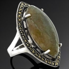 Labradorite and Marcasite Marquise Shape Statement Ring SZ 7