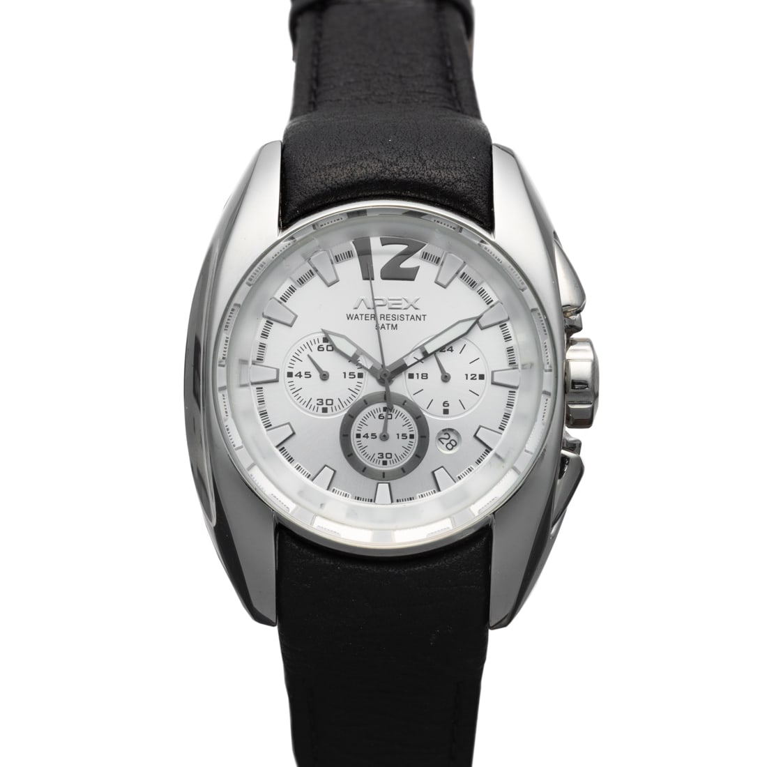 Apex Mens Watch: 43mm Case, All Stainless Steel, Water Resistant 50 Meters, Date, Three Subdials, Black Leather Band.