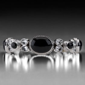 Colorado Black Moonstone Silver Bracelet with White Topaz - 7.5"