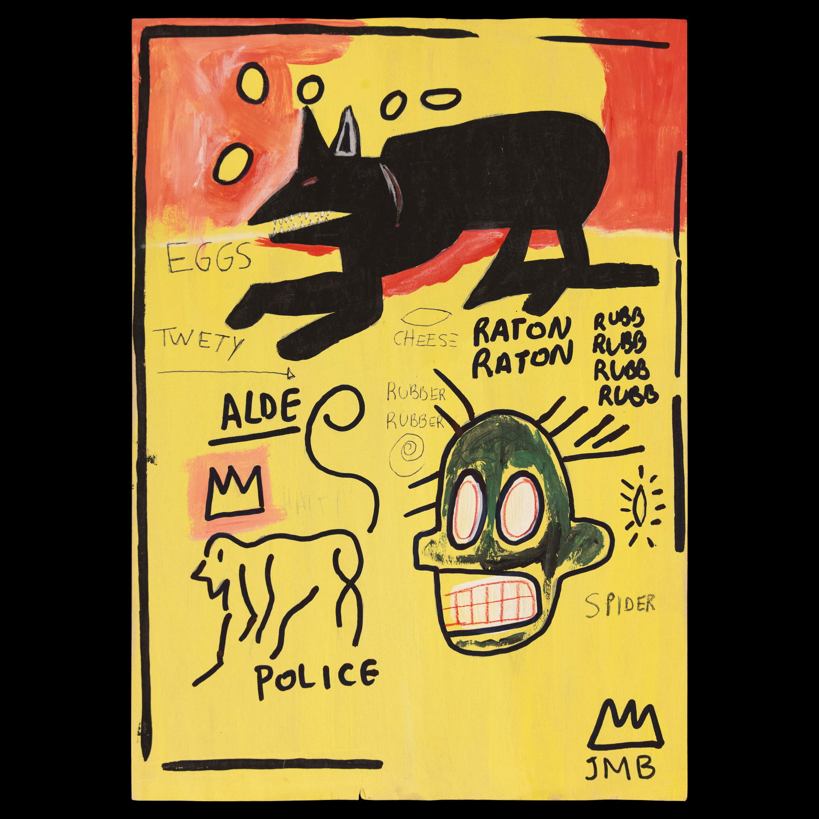 Jean-Michel Basquiat, Early Painting on Paper: Title: Jean-Michel Basquiat — Early Painting on Paper with Iconic Text, Cat Motif & Crown Signature (1981) Artist: Jean-Michel Basquiat (American, 1960–1988) Medium: Painting on paper (mixed media