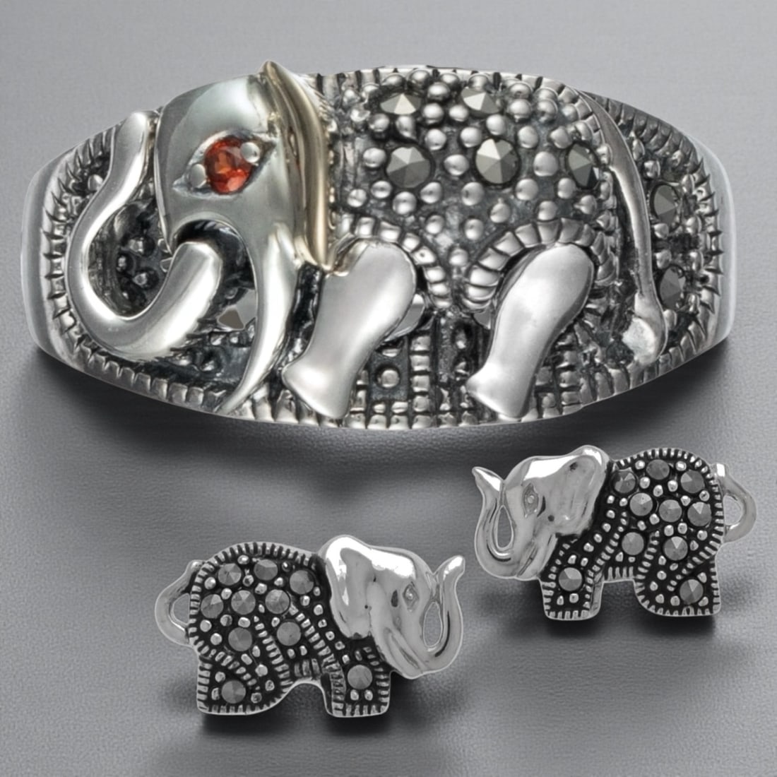 Sterling Silver Marcasite Elephant Ring (SZ 7) and Earrings Set (1 of 1)