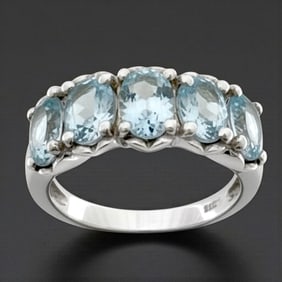 Oval Blue Topaz 5-Gemstone Sterling Silver Ring - Size 8