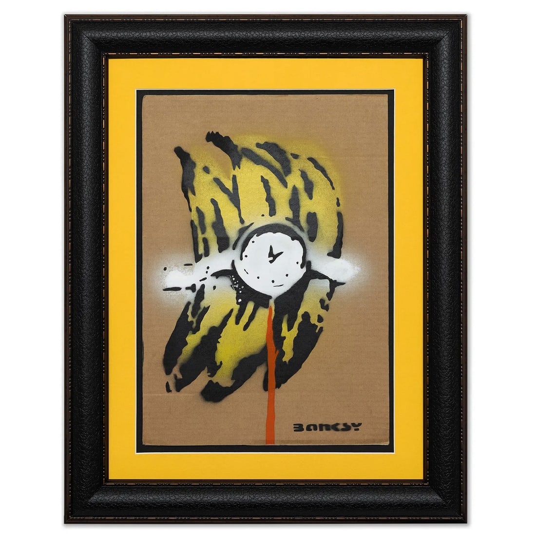 Banksy, "Banana Bomb" – Mixed Media on Cardboard: Banksy – “Banana Bomb” Mixed Media on Cardboard (Attributed/After) Artwork Details: Mixed media on cardboard – 19.75 x 14 in. – Signed “Banksy” in black, lower front – Verso bl