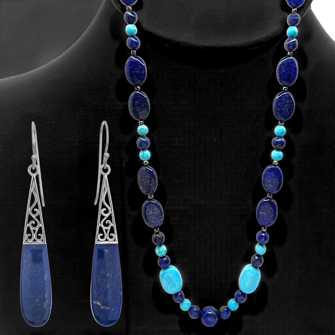 Boho-Chic Sterling Silver Lapis Lazuli Dangle Earrings with Multi Stone Bead Long Necklace (1 of 1)