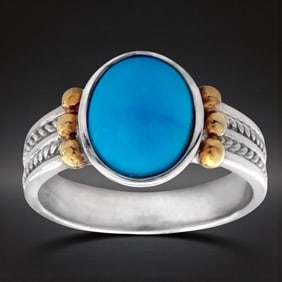 Two Tone Sterling Silver Turquoise Ring SZ 7