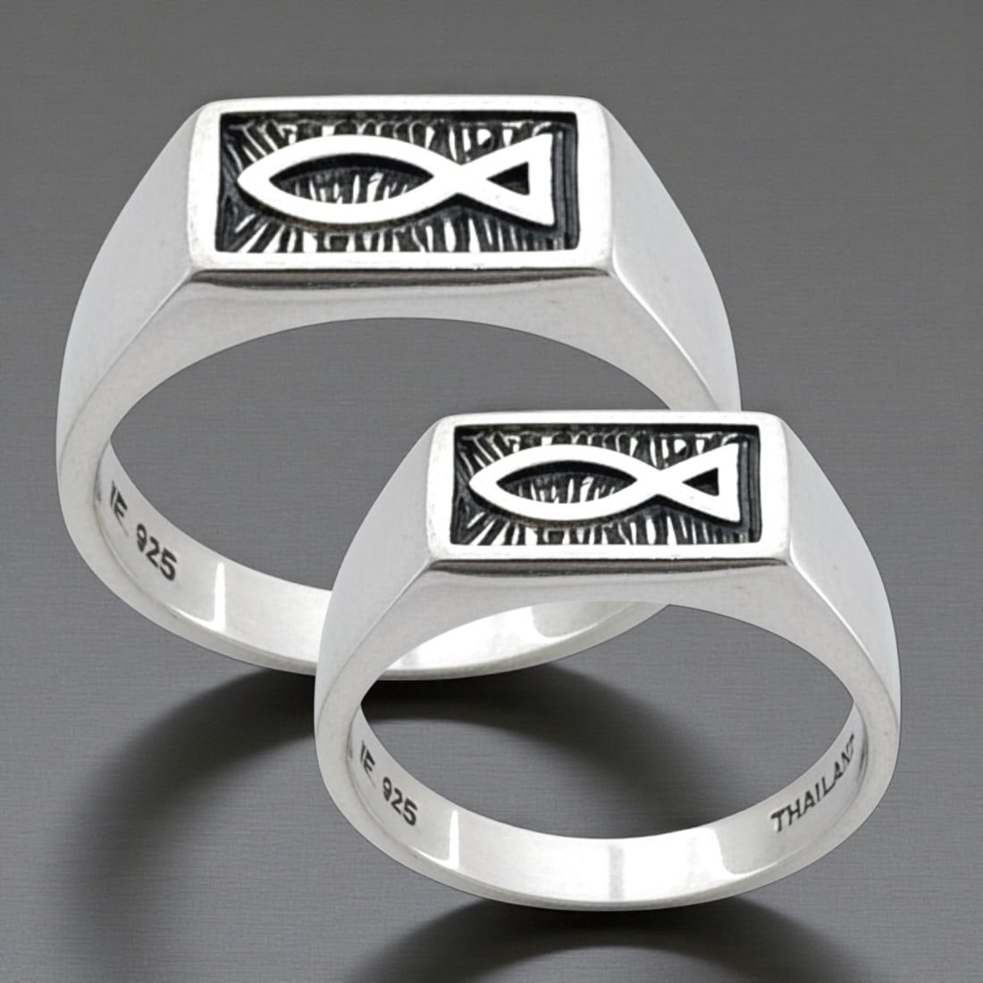 Set of 2 Sterling Silver Christian Ichthus Ring Size 6 and 10: Product Details Item: Ring Metal: Sterling Silver Gemstone: None Approximate Measurements: Width: 7.1-7.5 mm Ring Size: 6 & 10 Chain Length: Not Applicable Chain Metal: Not Applicable