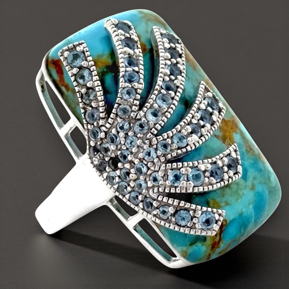 Blue Topaz Fan Overlay Large Turquoise Statement Ring SZ 7 (1 of 2)