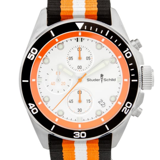 Studer Schild Men’s Chronograph Watch: This Studer Schild men’s chronograph delivers a bold, athletic look with its striking black and orange bezel combination. The dial features chronograph subdials and a clearly placed date window,
