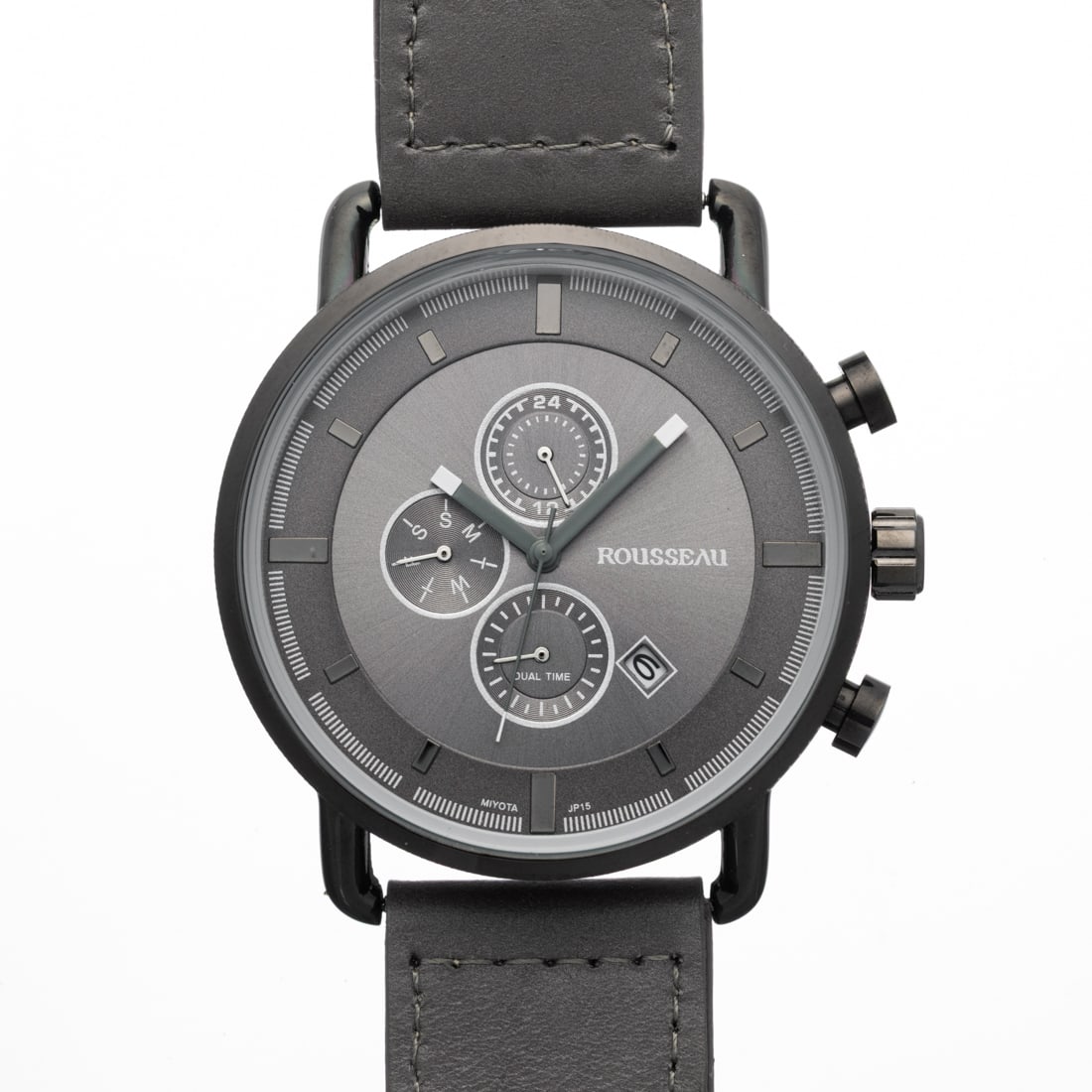 Rousseau Mens Watch: 47mm Case, date, 3 sub dials, gray leather band, Water Resistant 30 meters