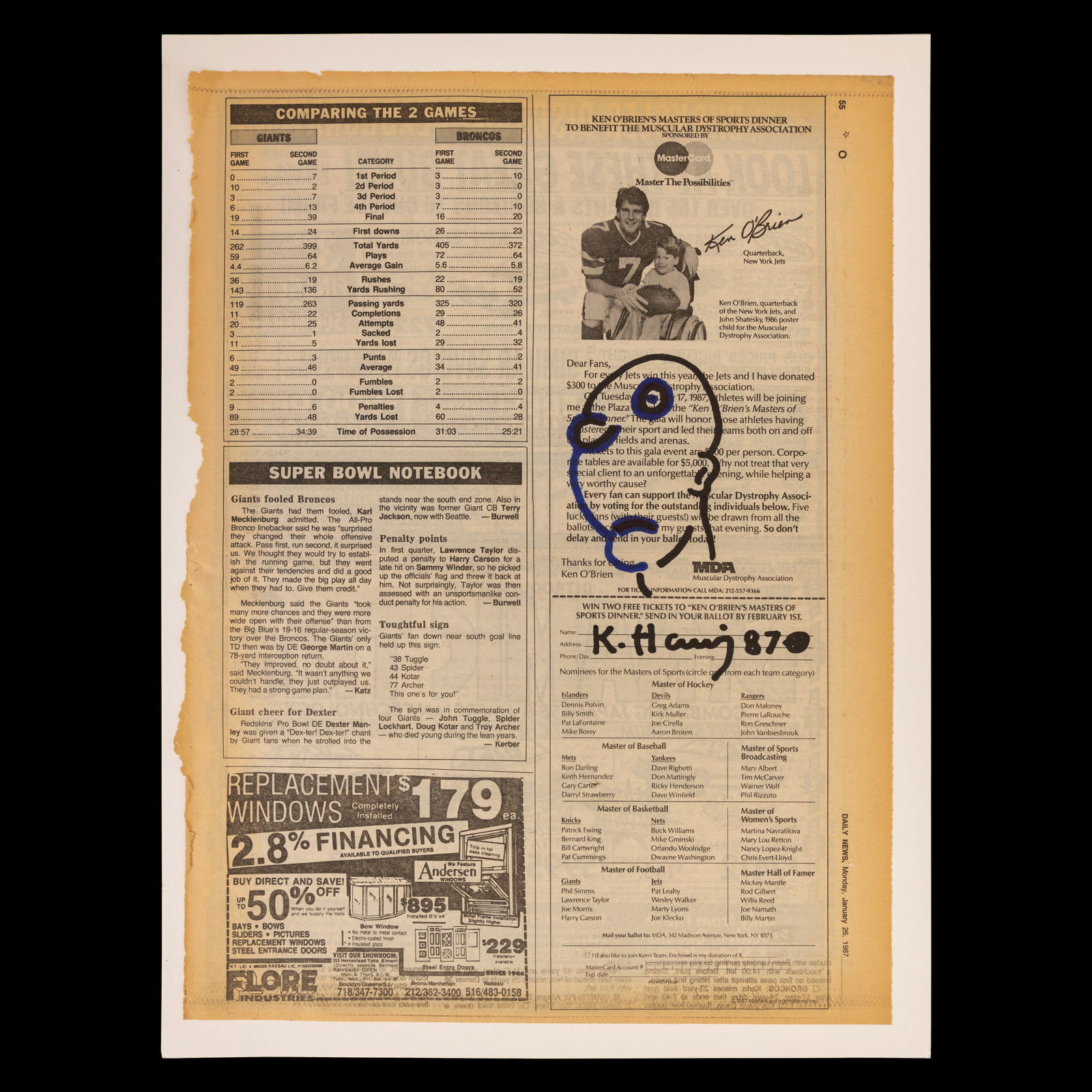 Keith Haring — 1987 Original Marker Drawing on Daily News Page (1 of 6)