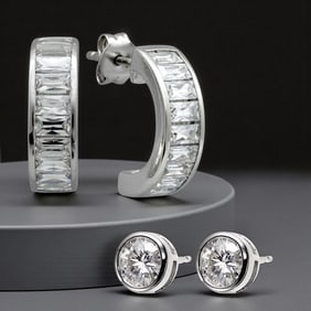 Sterling Silver Baguette Half Hoop and Round CZ Stud Earrings Set