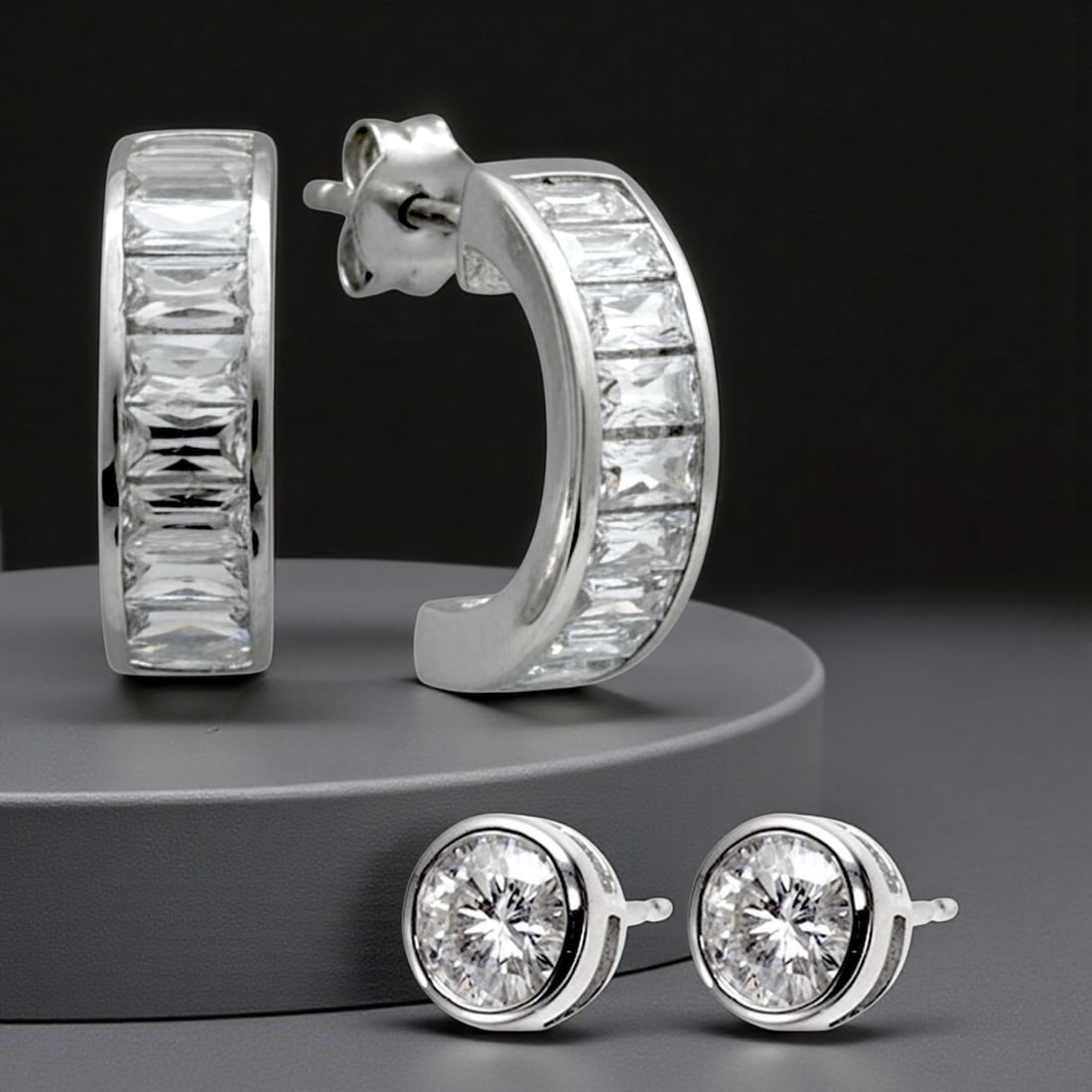Sterling Silver Baguette Half Hoop and Round CZ Stud Earrings Set (1 of 1)