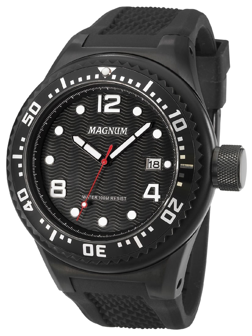 52 mm Men's Magnum Minder Quartz Watch: The Magnum Minder is a Men's 38mm Dial window watch with a 17mm tall case and screw down crown. The 3 hand and date dial sports a "Wave" Textured feature opening to a large rotating bezel. The case is