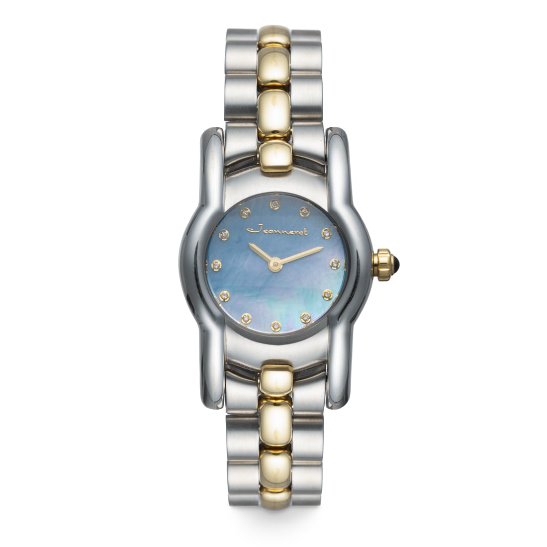 Jeanneret Ladies Watch: 28mm Case, Swiss Movement, Sapphire Crystal, Bluish Mother of Pearl Face, Two tone Silver and Gold metal band, Water Resistant 30 Meters