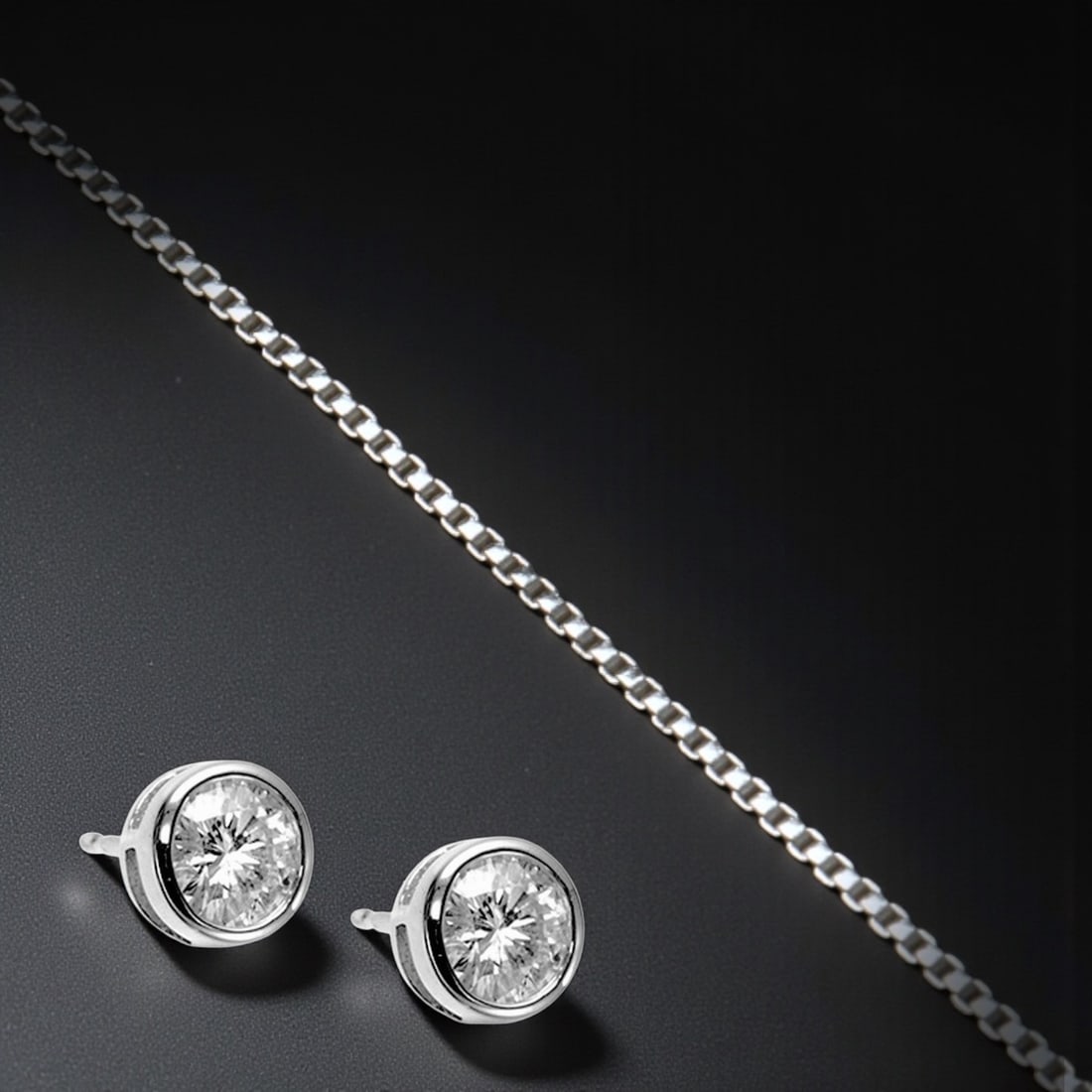 Fine 1mm Sterling Silver Box Chain w/ Bezel Set Stud Earrings (1 of 1)