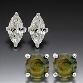 Sterling Silver Round Labradorite & Maquise CZ Stud Earrings Combo