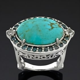 Turquoise & London Blue Topaz East West Halo Sterling Silver Ring – Size 6