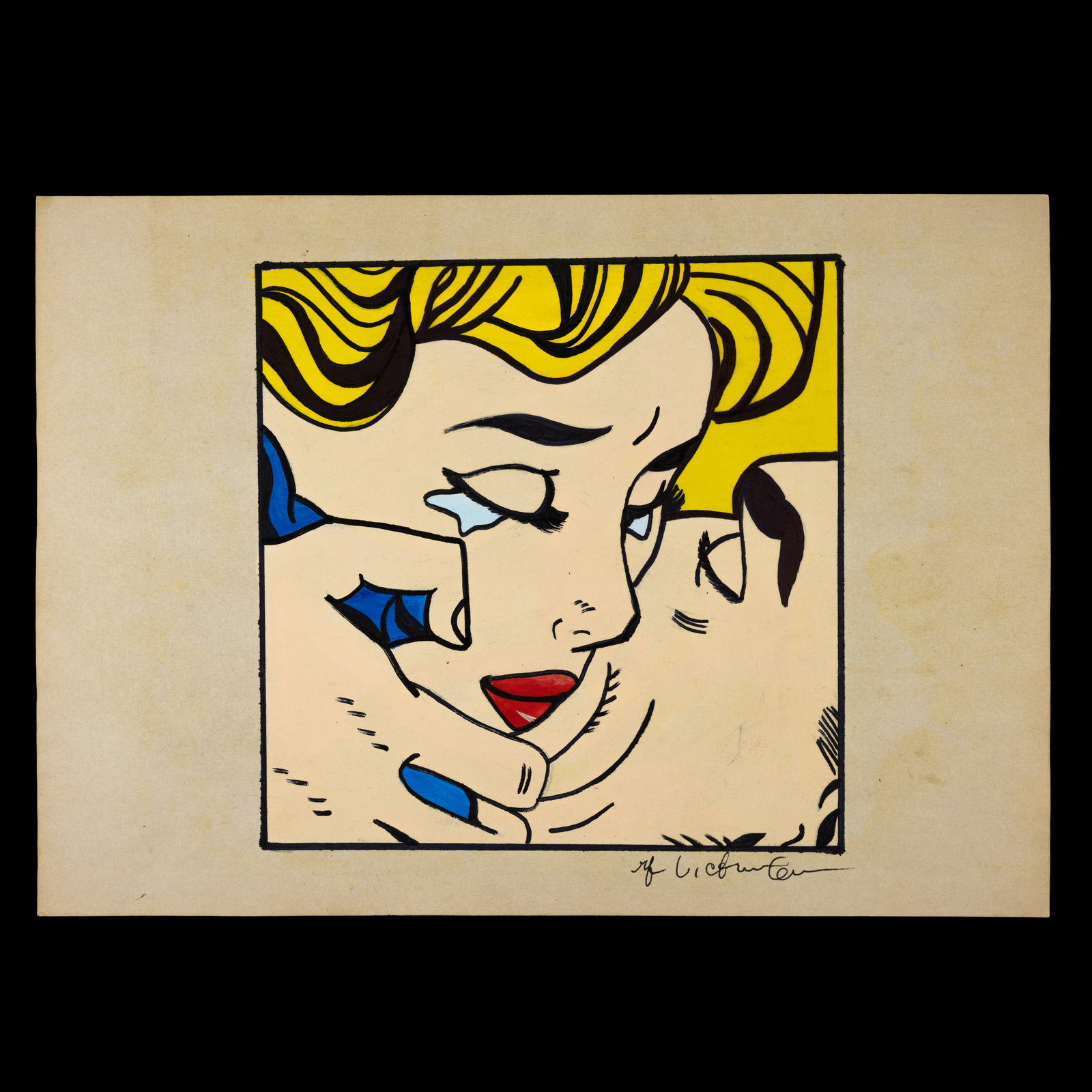 Roy Lichtenstein – Watercolor on Paper: Roy Lichtenstein – Watercolor on Paper (Attributed / After the Artist) Subject: Emotional Pop Art–style portrait of a man and woman in a tight embrace, with tears in the blonde woman’s eyes Medi