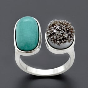 Turquoise & Druzy Sterling Silver Open-Shank Ring – Size 7