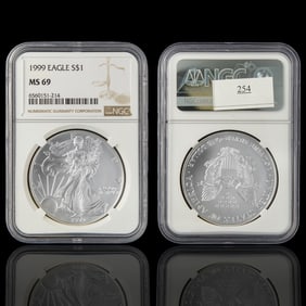 1999-P American Silver Eagle MS69 Numismatic Guarantee Co #6560151-214