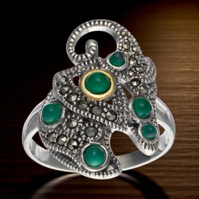 14K Gold & Silver Elephant Ring - Green Agate & Marcasite-Sz 10