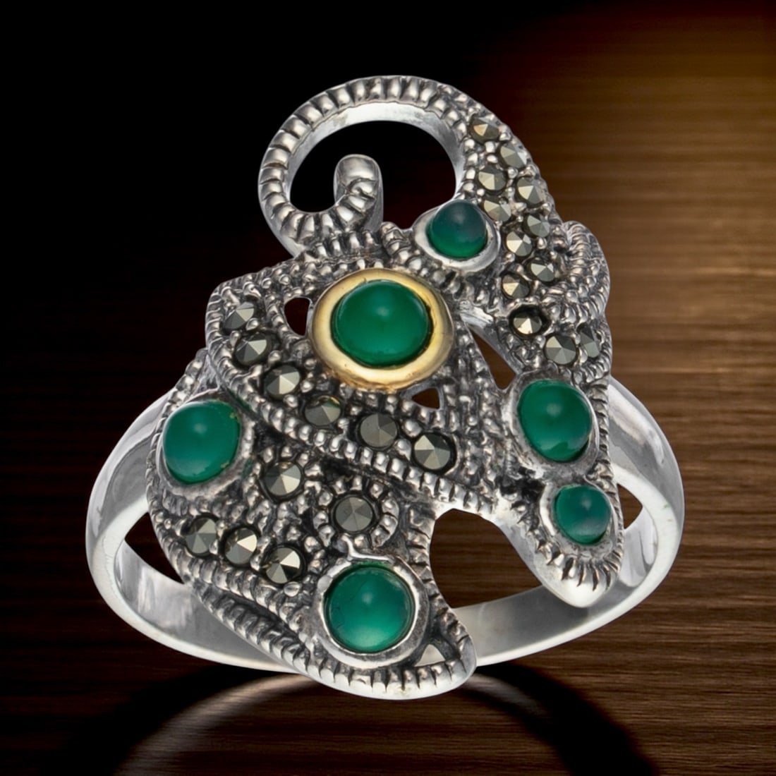 14K Gold & Silver Elephant Ring - Green Agate & Marcasite-Sz 10 (1 of 1)