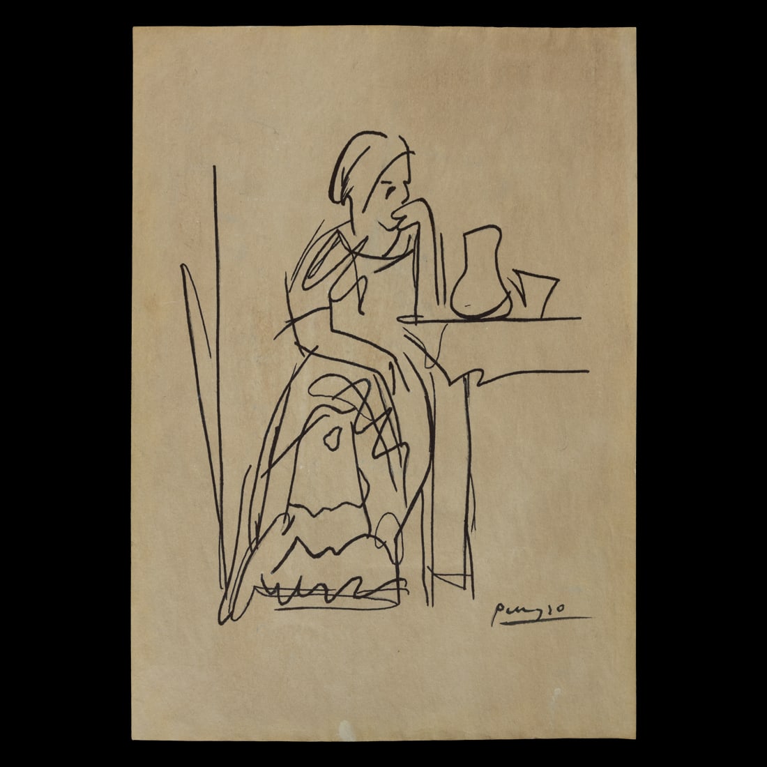 Pablo Picasso Ink/Mixed Media on Paper: Attributed to / After Pablo Picasso Woman Seated at Table with Pitcher – Ink on Paper An elegant and historically evocative composition attributed to, or created in the manner of, Pablo Picasso. Exe