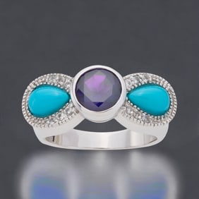 Sleeping Beauty Turquoise & Amethyst Bow Ring with White Topaz accents - Size 6