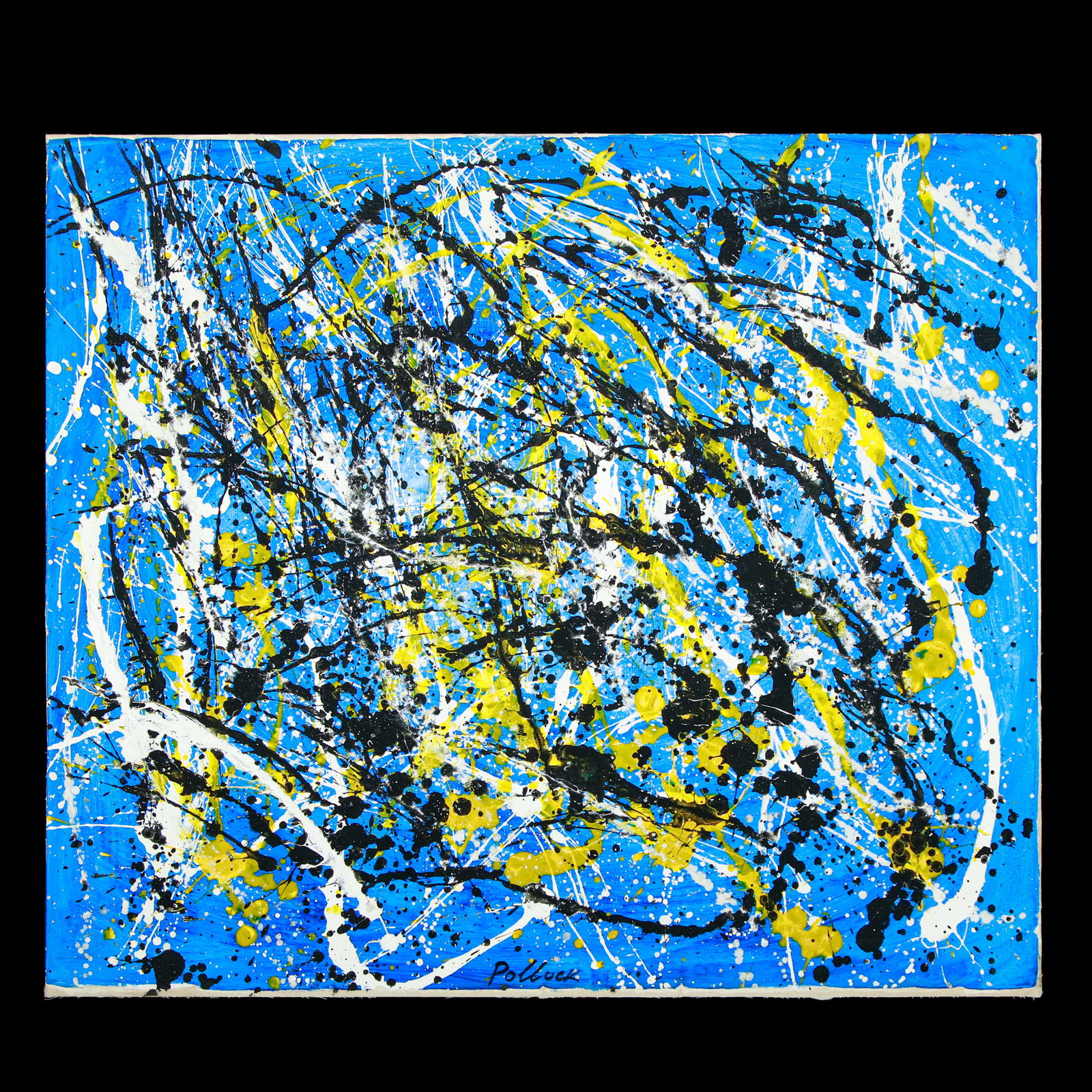 Jackson Pollock – Blue Ground with Black, White, Yellow Splatter – Painting on Canvas: JACKSON POLLOCK – BLUE GROUND WITH BLACK, WHITE, YELLOW SPLATTER – PAINTING ON CANVAS ADHERED TO BOARD Description A dynamic painting in the spirit of Jackson Pollock’s revolutionary drip techni