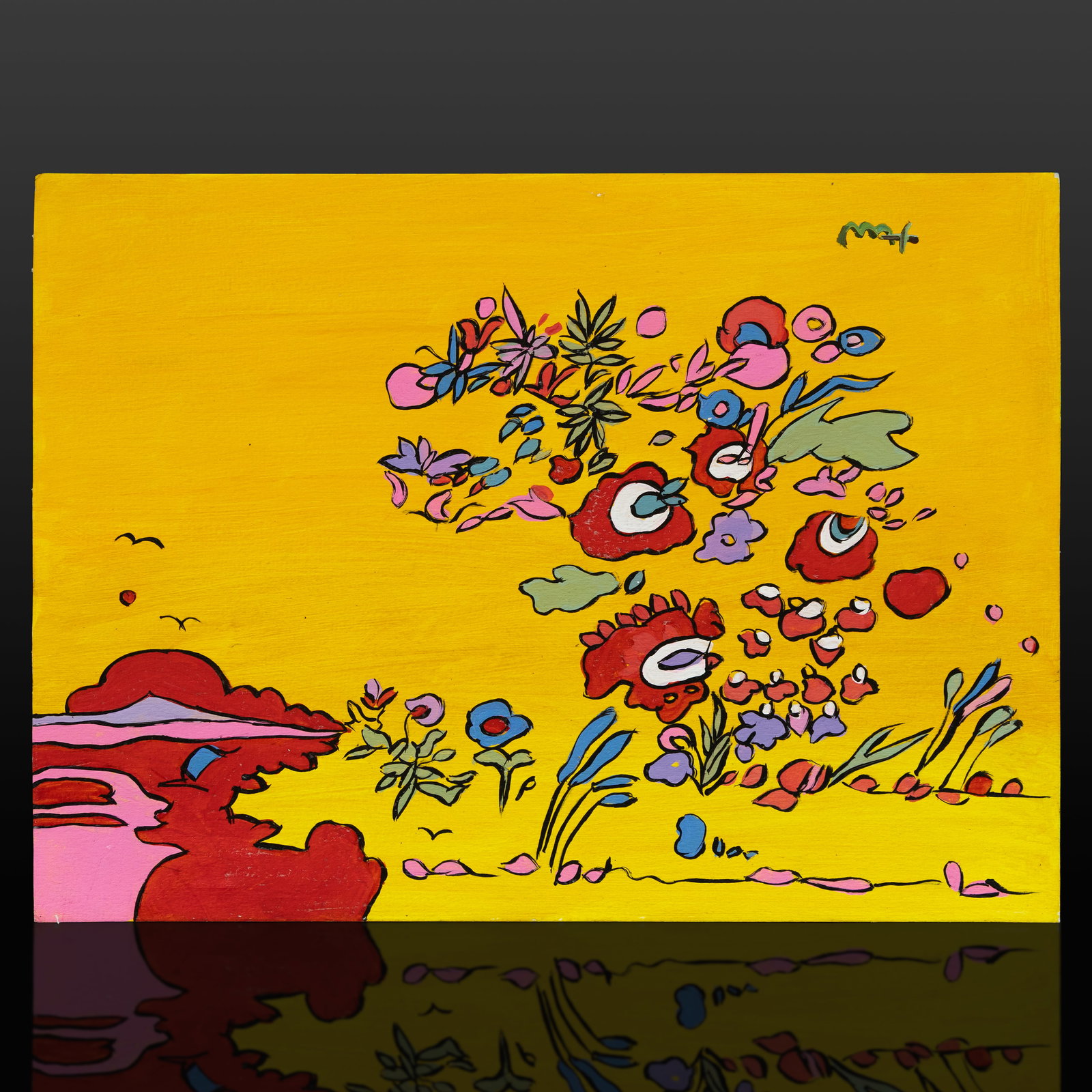 Peter Max Painting on Paper: Attributed to / After Peter Max Floral Breeze with Gulls – Painting on Paper A radiant and visually uplifting composition attributed to, or created in the manner of, Peter Max. This painting on pape