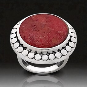 Deep Red Coral Gemstone Ring crafted in Sterling Silver - Size 7