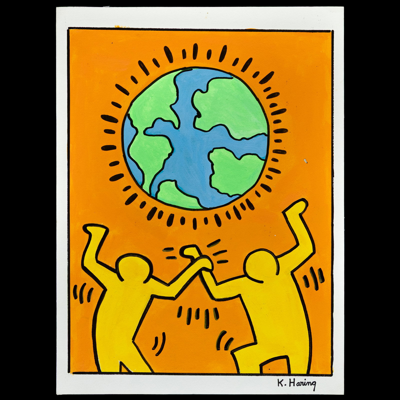 Keith Haring Painting on Paper: Title: Attributed to / After Keith Haring — Two Yellow Figures with Earth, Painting on Paper (Signed “K. Haring”) Description: A vibrant and thought-provoking work attributed to or after Kei