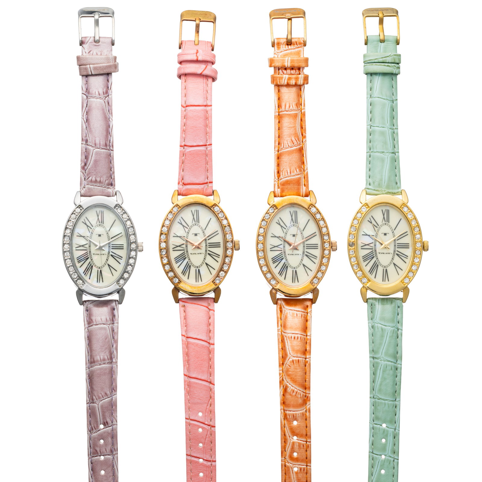 Set of 4 Tavan Ladies’ Watches – Pastel Oval Collection: This elegant four-piece Tavan set showcases classic oval-shaped cases paired with soft, pastel croc-embossed straps. Each watch features an easy-to-read Roman numeral dial and a crystal-accented bezel
