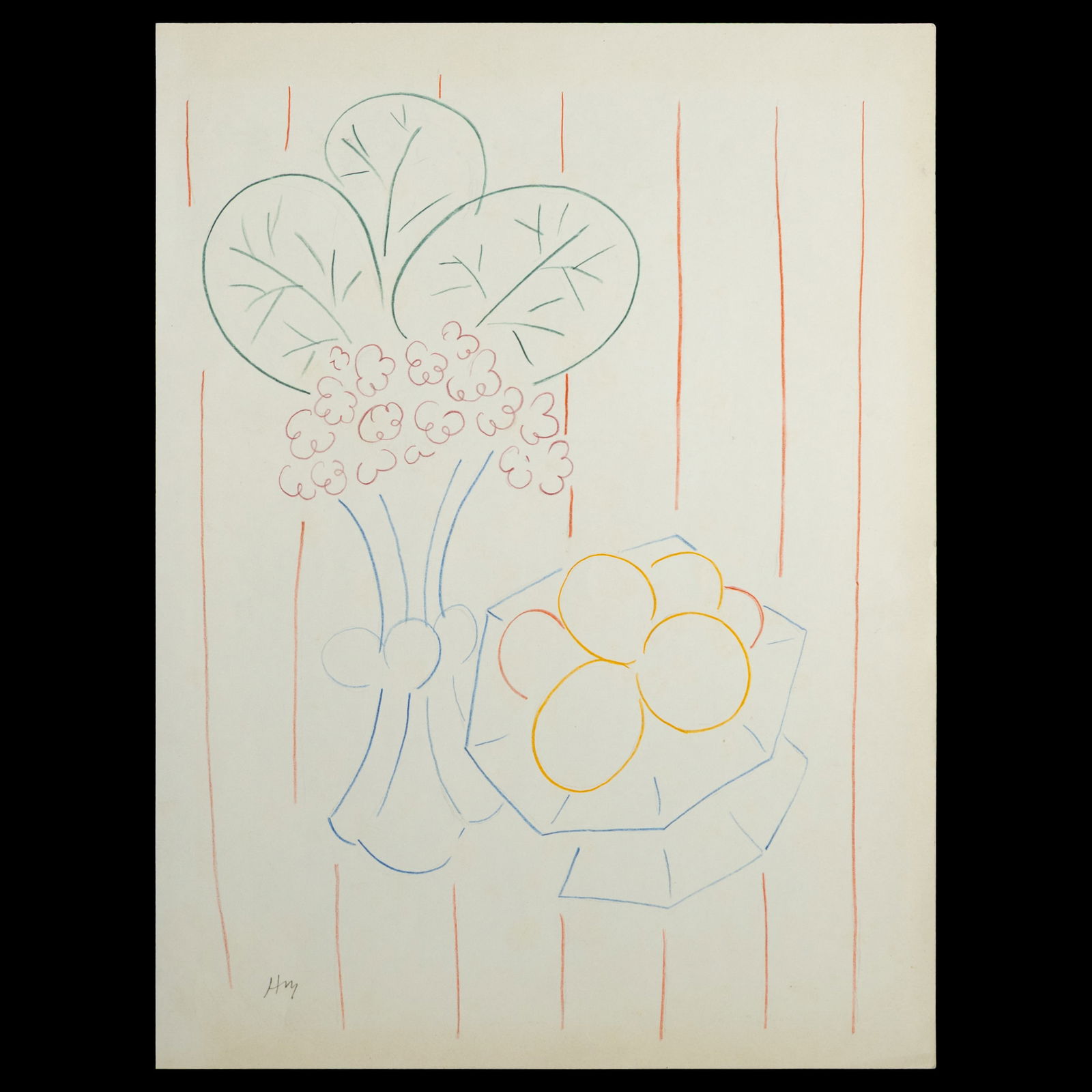 Henri Matisse Drawing on Paper: Title: Attributed Henri Matisse Drawing on Paper – Still Life with Vase, Plants, Fruit, and Red Striped Wall Description: A vibrant and expressive drawing on paper offered as attributed to (or after