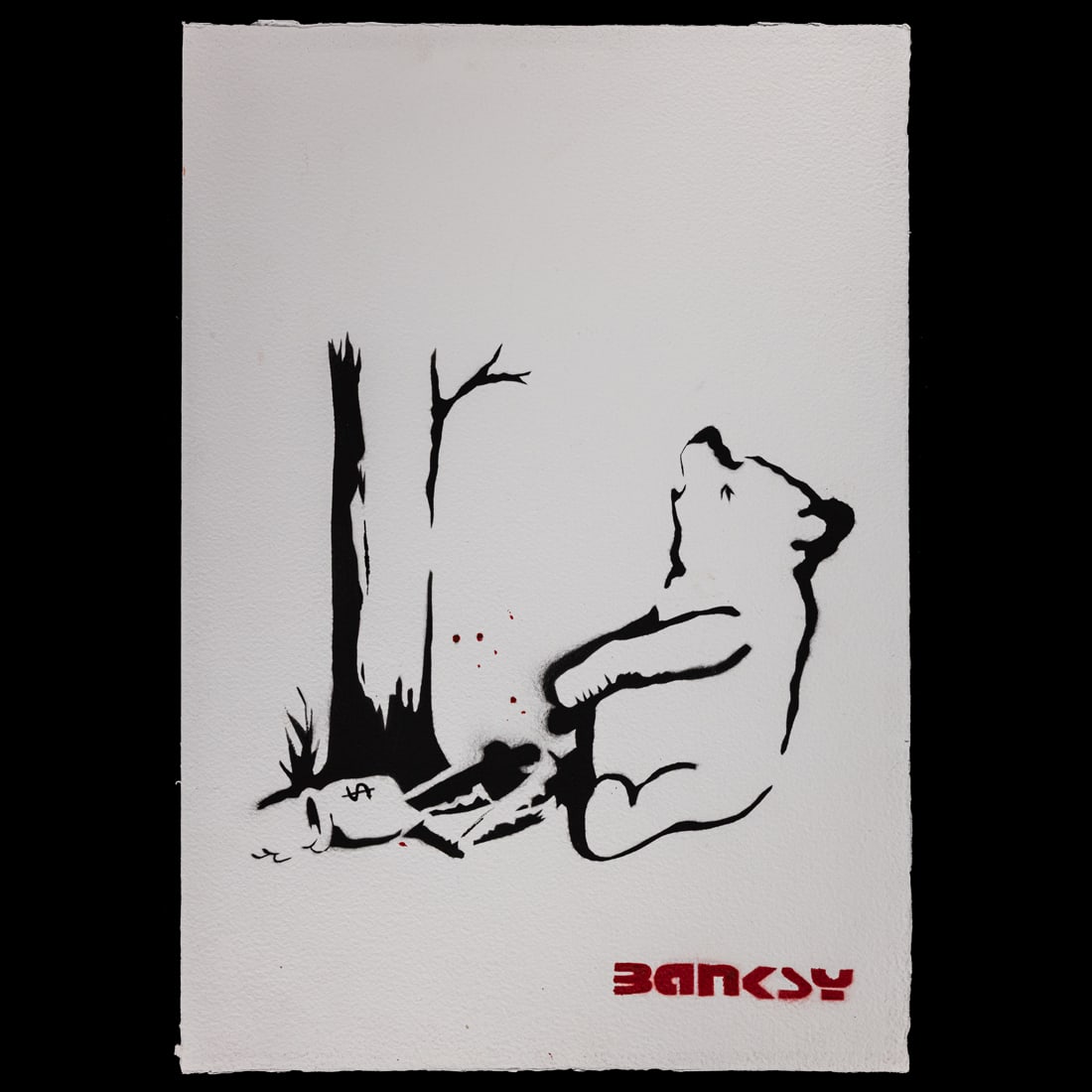 Banksy Painting on Paper – “Winnie the Pooh”: Title: Attributed Banksy Painting on Paper – “Winnie the Pooh” (Early Iconography Inspired) Description: A powerful and thematically rich painting on paper offered as attributed to (or after