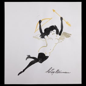 Leroy Neiman – Watercolor & Marker Drawing – Dynamic Cupid-Inspired Winged Woman