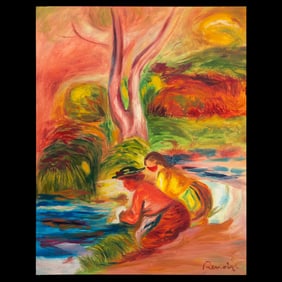Pierre-Auguste Renoir Painting on Paper – River Scene with Two Women at the Water’s Edge
