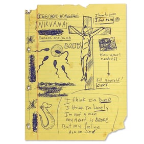 Kurt Cobain Nirvana Notebook Page – Yellow Composition Sheet with Doodles