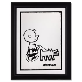 Banksy Painting on Paper – Charlie Brown with Keith Haring "Barking Dog"