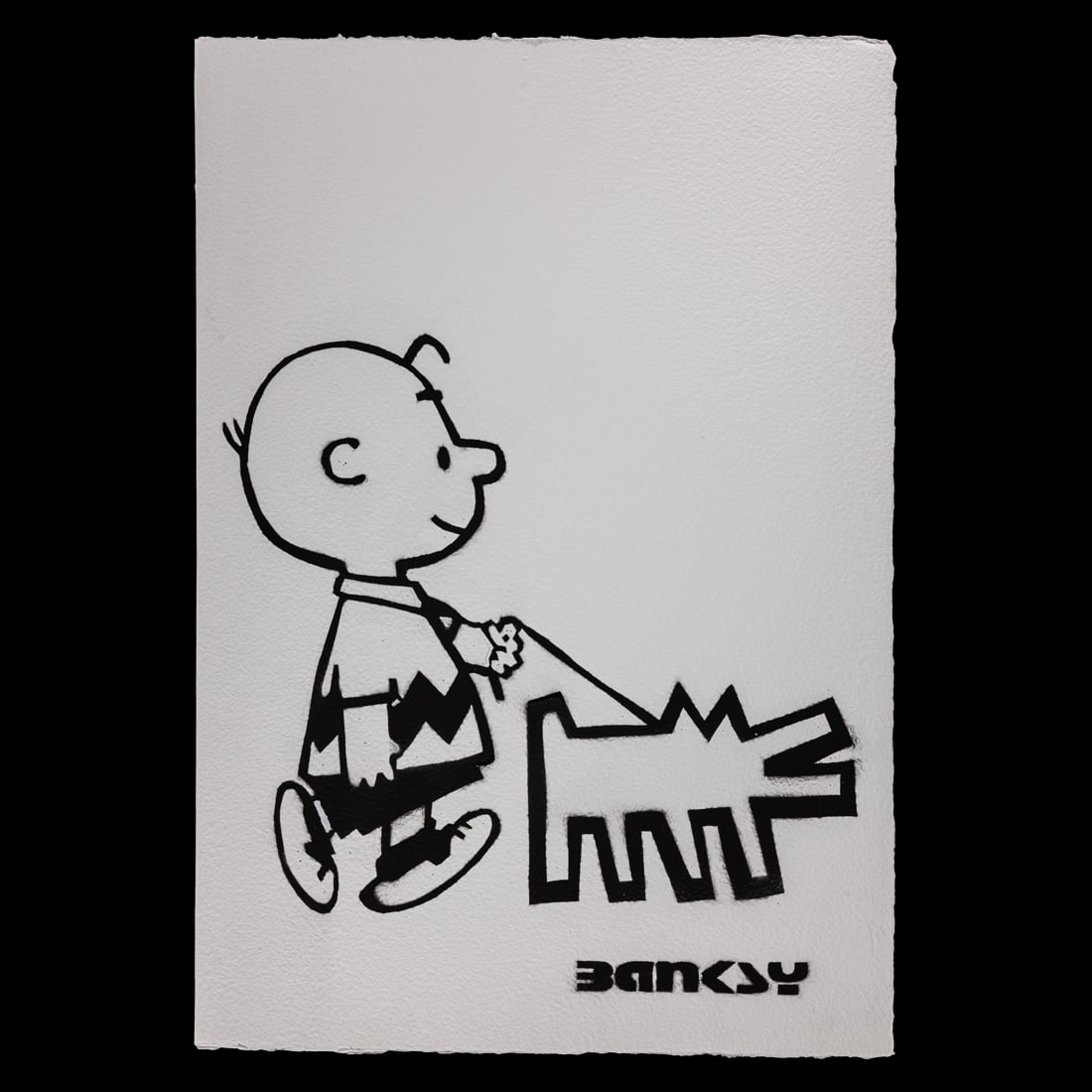 Banksy Painting on Paper – Charlie Brown with Keith Haring "Barking Dog": Title: Attributed Banksy Painting on Paper – Charlie Brown with Keith Haring "Barking Dog" Description: A captivating and highly conversation-worthy artwork offered as attributed to (or after) Banks
