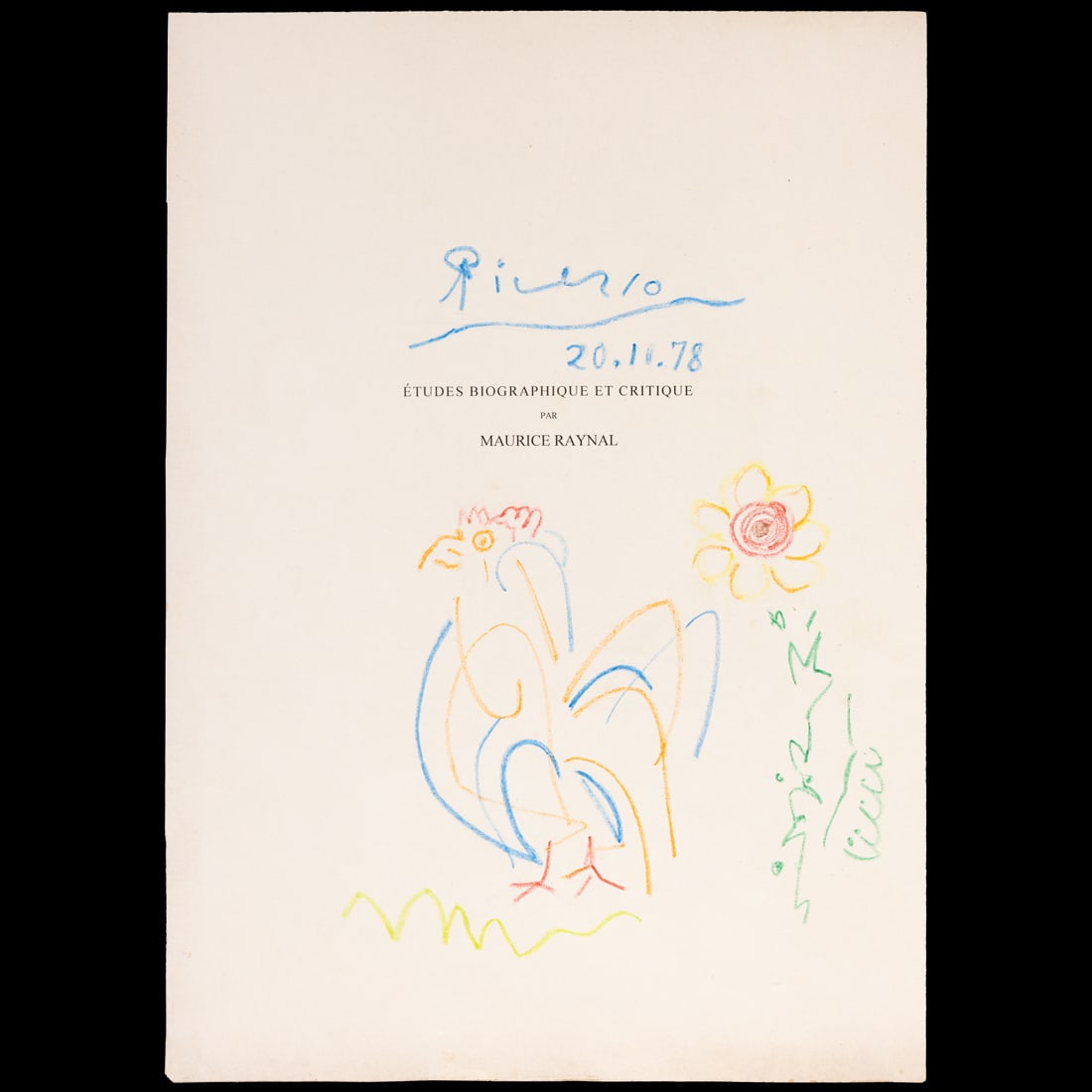 Pablo Picasso – Color Pencil/Mixed Media on Paper: Attributed to / After Pablo Picasso Rooster and Flower Drawing on Title Page – Crayon / Color Pencil on Paper A vibrant and historically intriguing work attributed to, or created in the manner of, P