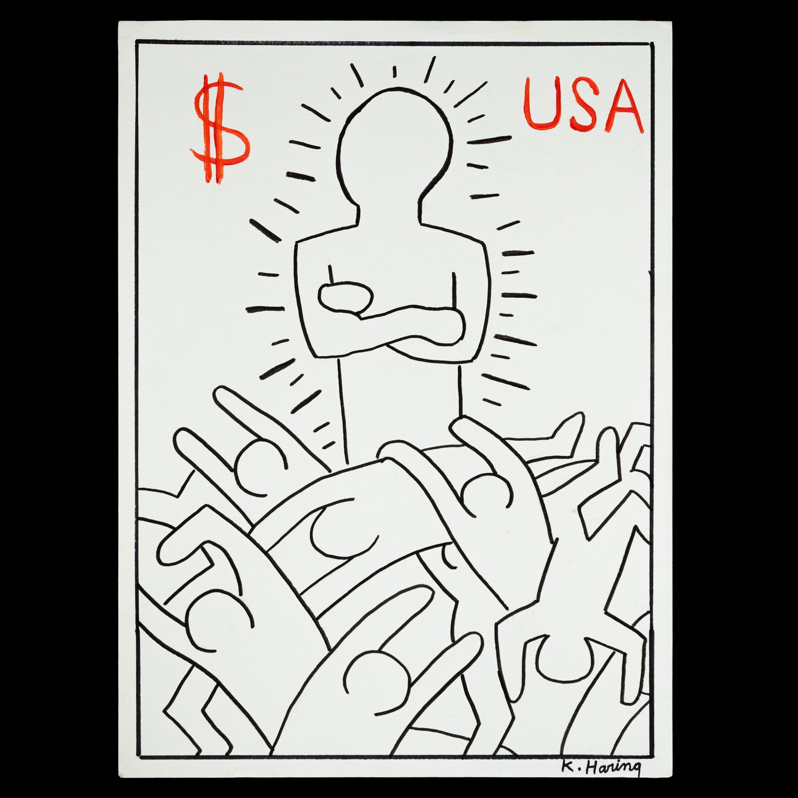 Keith Haring – Painting on Paper: Title: Attributed to / After Keith Haring — Social Commentary with Dollar Sign and USA, Painting on Paper (Signed “K. Haring”) Description: A striking and politically charged work attributed